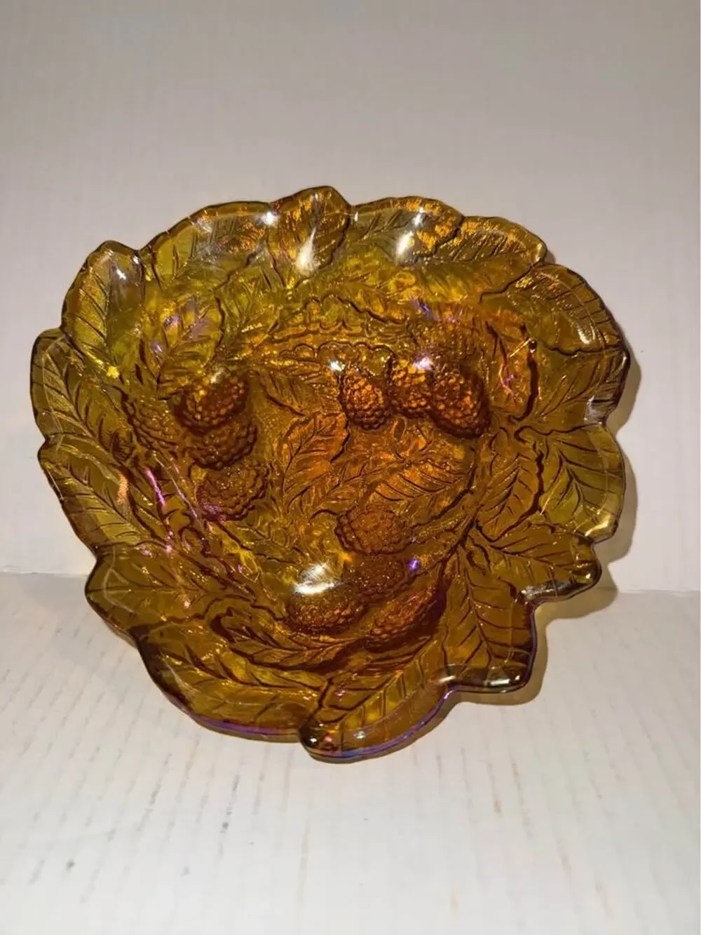 Imperial Glass Blackberry Leaf Marigold Iridescent Amber Carnival Glass 8